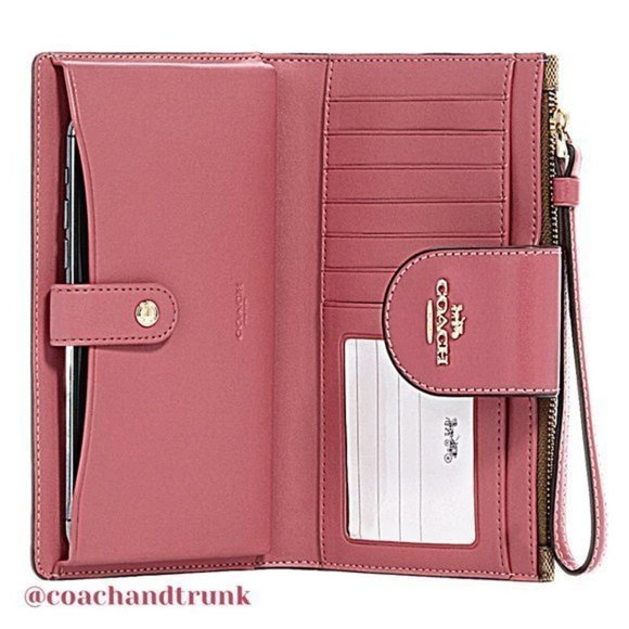 COACH Tech Phone Wallet Khaki and Strawberry Haze Wrist Strap NWT - Picture 4 of 9